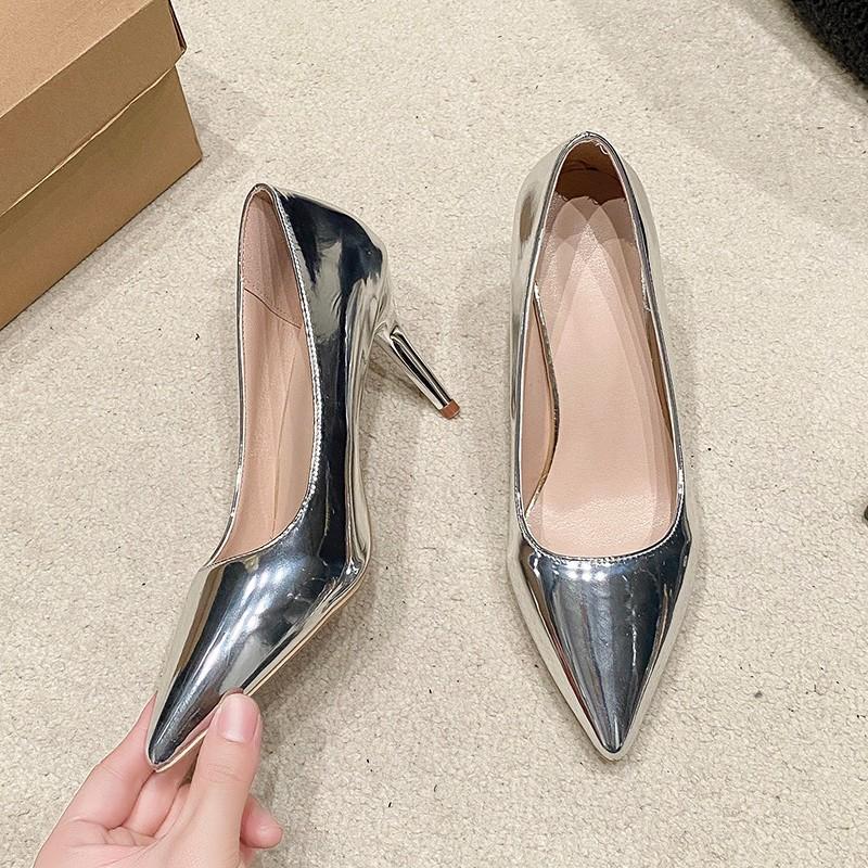 Fashion New Women Patent Leather Pumps 8cm 10cm High Heels Lady Stiletto Low Heels Wedding Bridal Mteallic Silver Gold Sparkly Shoes