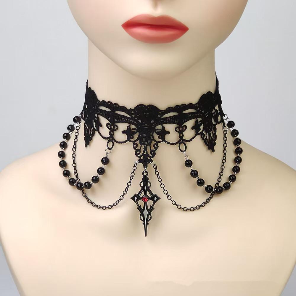 Vintage Retro Lolita Gothic Lace Pearl Choker Necklace Pendant Adjustable Chain Halloween Party Costume Jewelry Women's Fashion
