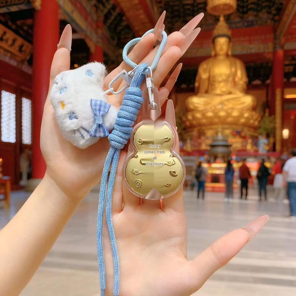 999 Pure Gold Guanyin Gourd Charm Keychain with Plush Cat - New Year Gift