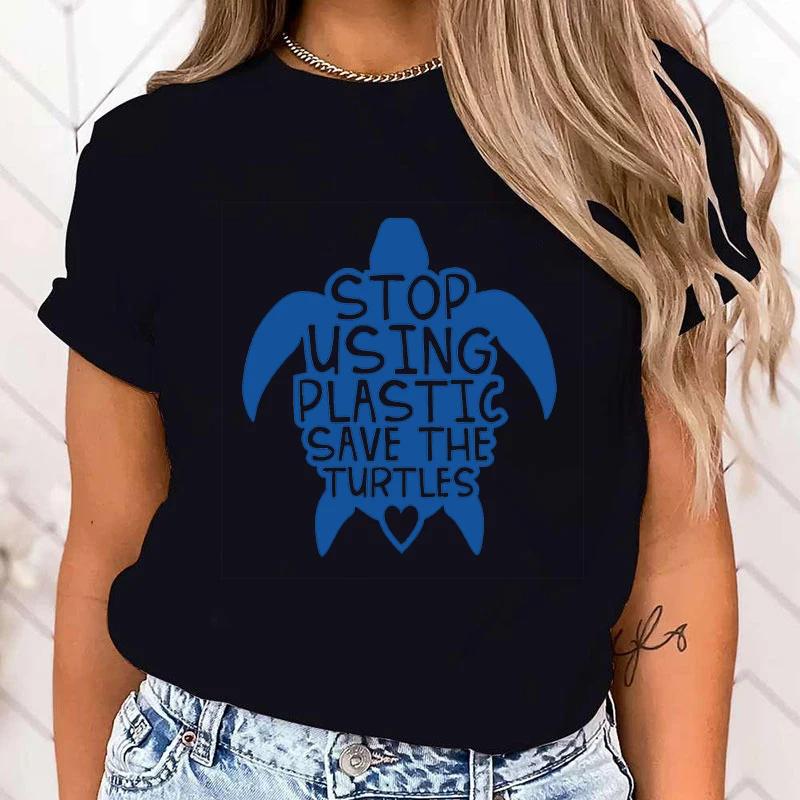 (Premium T-shirt)Funny Protect The Ocean Stop Using Plastic Save The Turtles Letter Printed T-Shirts For Women Summer Tops