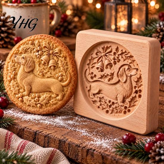 Christmas Baking Supplies Woodland Animal Cookie Mold, Wooden Biscuit Stamps, Scene 3D Red Durable Wood Kitchenware Bird Elk Dachshund Cutter