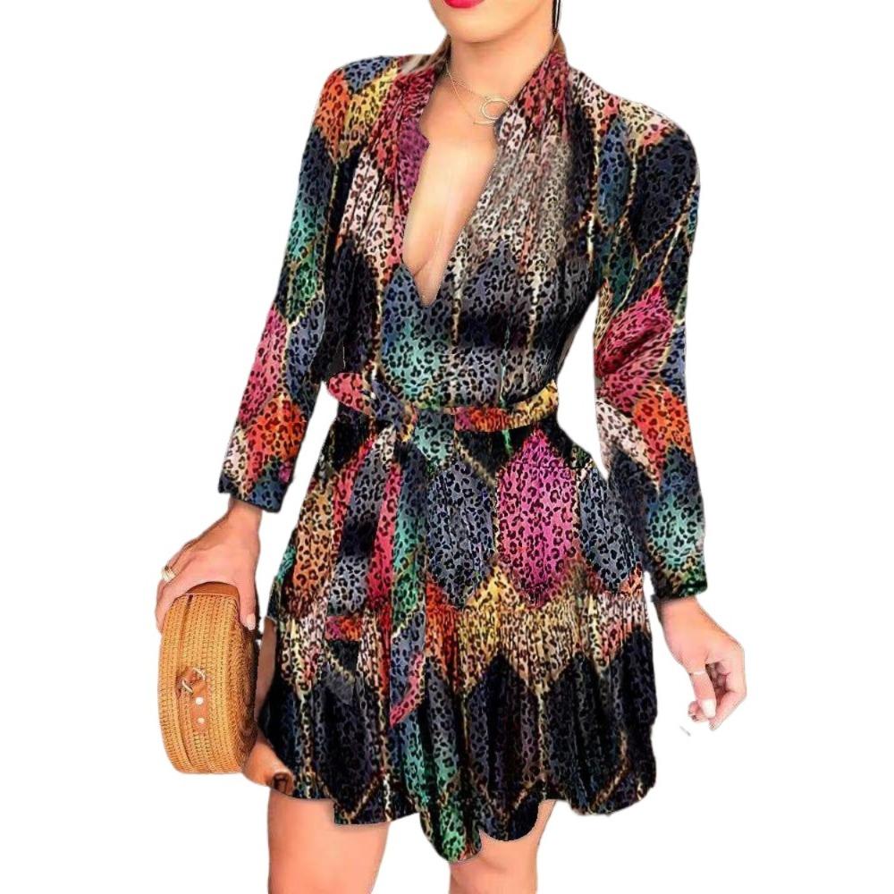 BITCED Women's Long Sleeve V-Neck Tie Fashion Sexy Printed Dresses