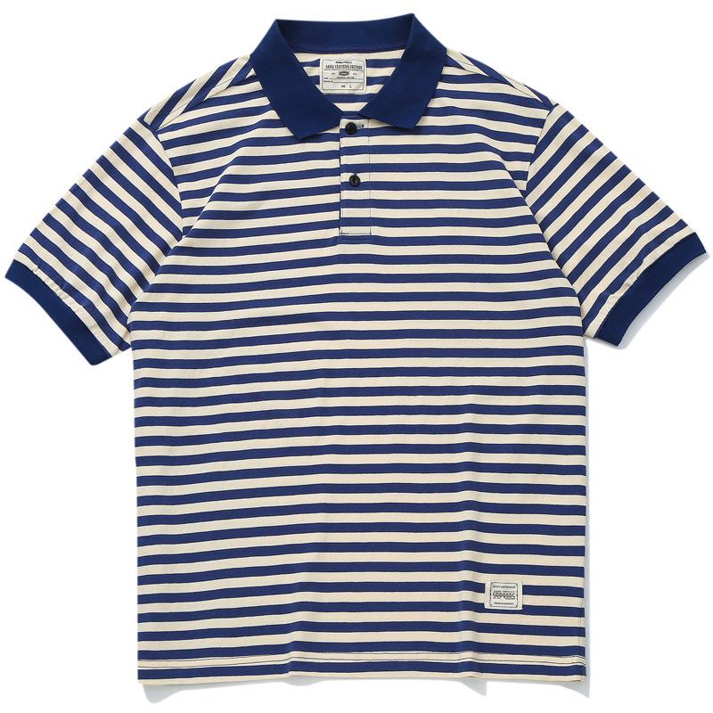 Vintage Sailor Striped Cotton Polo Shirt for Men - Summer Short Sleeve Turn-Down Collar