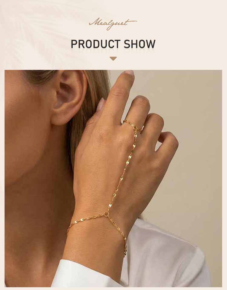 Stainless Steel Finger Ring Bracelet for Women, 18K Gold Plated Waterproof Hand Chain Tarnish Free