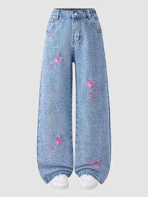 High-Waist Jeans mit geradem Bein und floraler Stickerei - Süßer & Würziger Stil für Damen