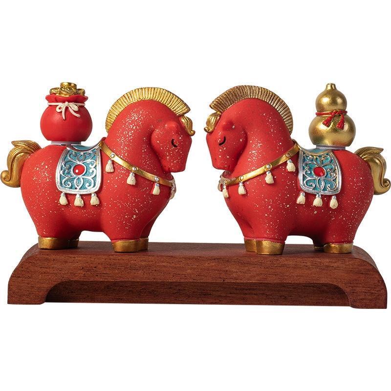 JINGRUIXIANG Guochao Rotating Tang Horse & Yuanbao Wealth Figurine Pair