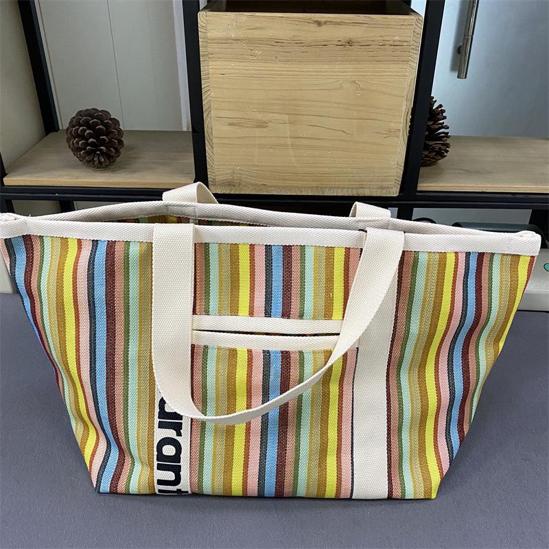 Rakuten Japan Korea Straw Woven Tote Bag with Colored Stripes - Casual Handbag for Shopping