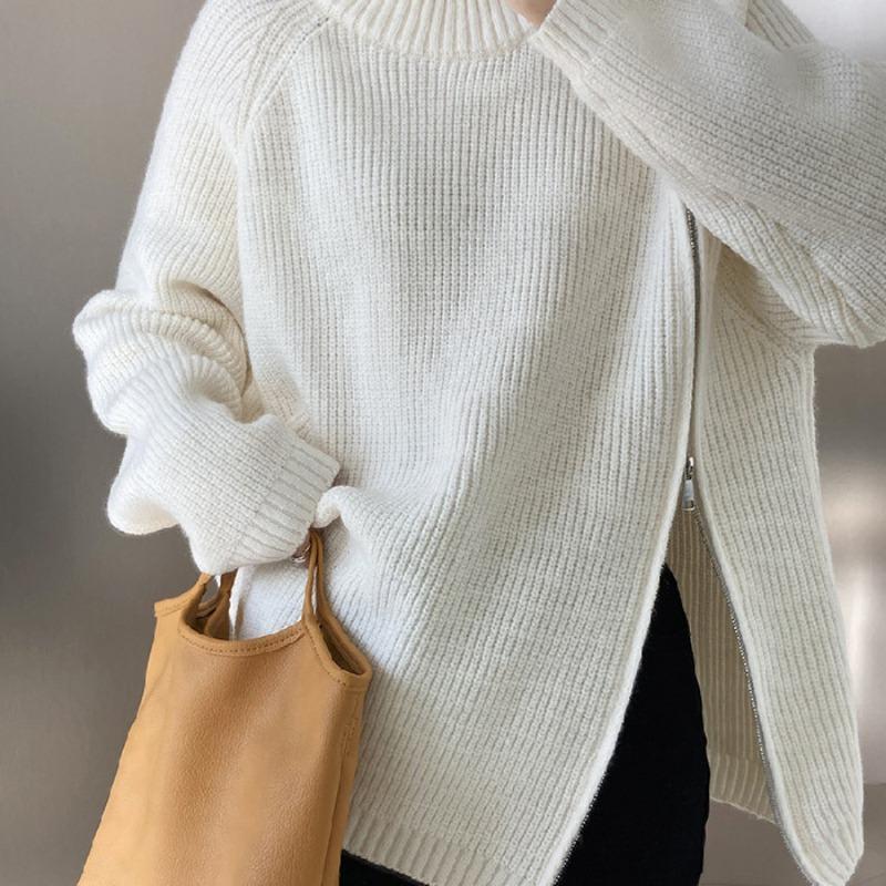 Lazy Style High Neck Zipper Solid Color High-end Knitted Sweater for Outerwear, Loose Long Sleeved Warm Top for Outerwear