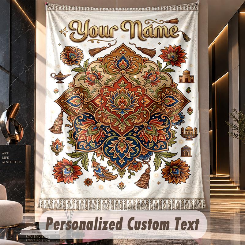 Elegant Floral Mandala Theme Wall Tapestry Customized With Name Text Personalized Hanging Tapestry For Bedroom Living Room Decor