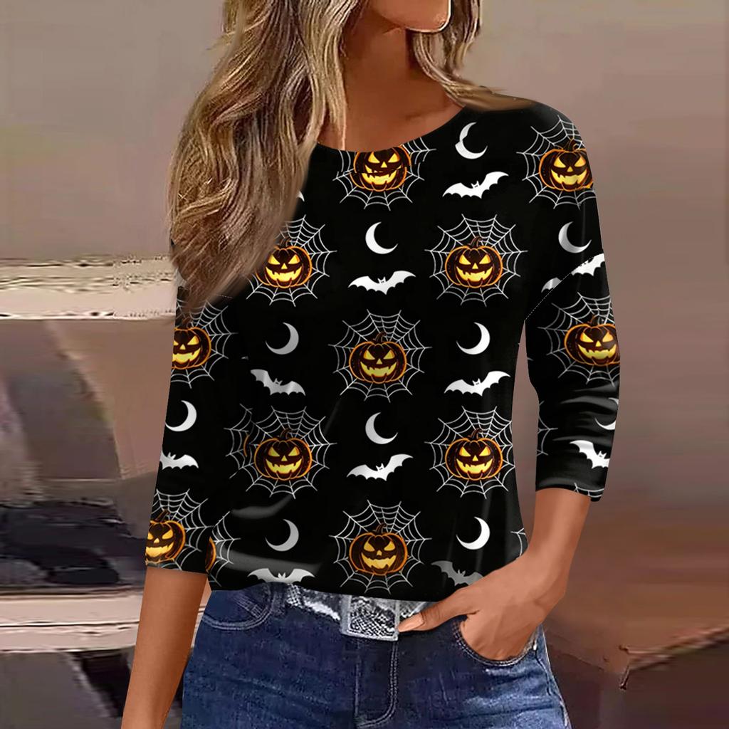 Women's Casual Three-Quarter Sleeve Round Neck Top with Halloween Print for Holiday Outfits