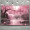 2D Pink Sakura Waterfall Background Cloth Night Moon & Floral Party Banner