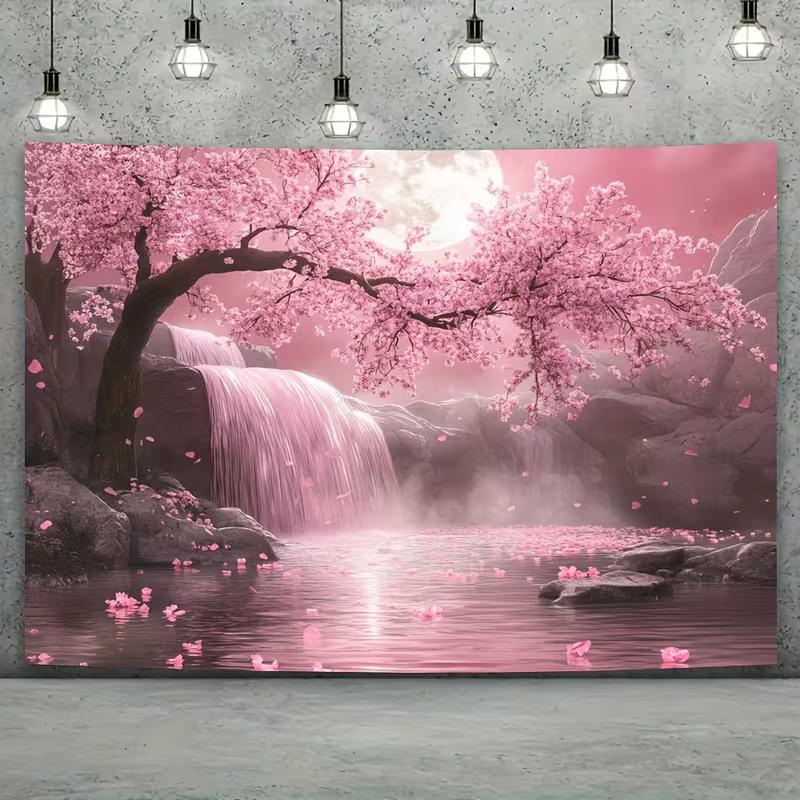 2D Pink Sakura Waterfall Background Cloth Night Moon & Floral Party Banner