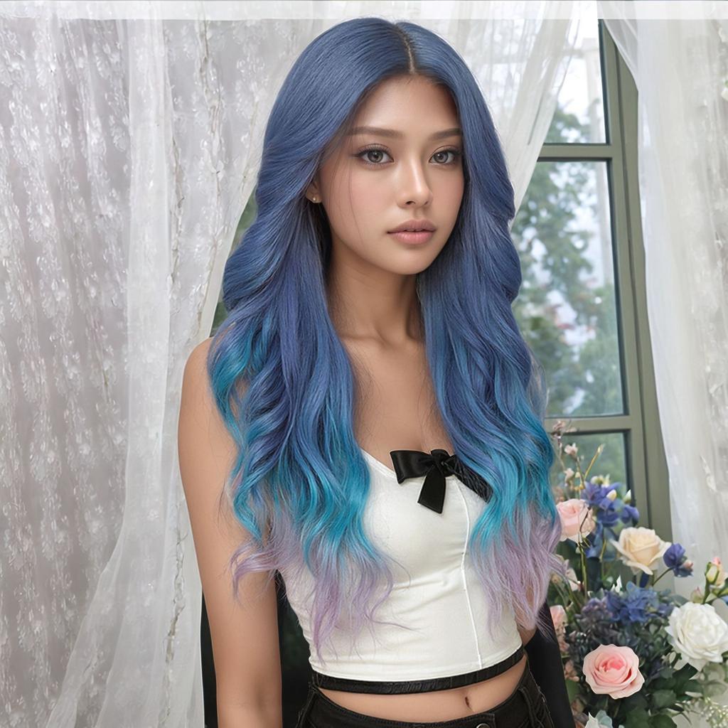 Blue-purple Wavy Wig with Bangs Realistic Cosplay Fake Hair For Daily Dress Party Halloween