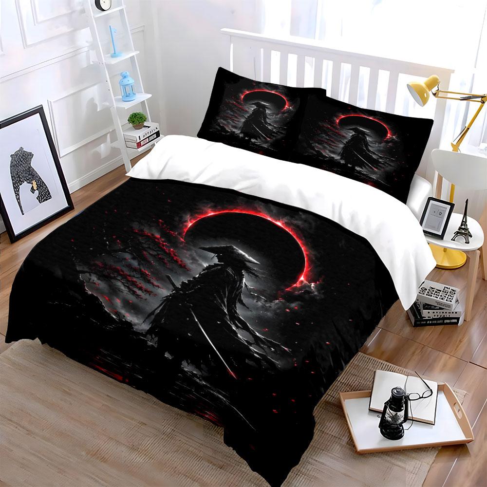 Samurai Warrior Under Eclipse Bedding Duvet Cover Set (1*Duvet Cover 2*Pillowcases, Without Duvet Insert)