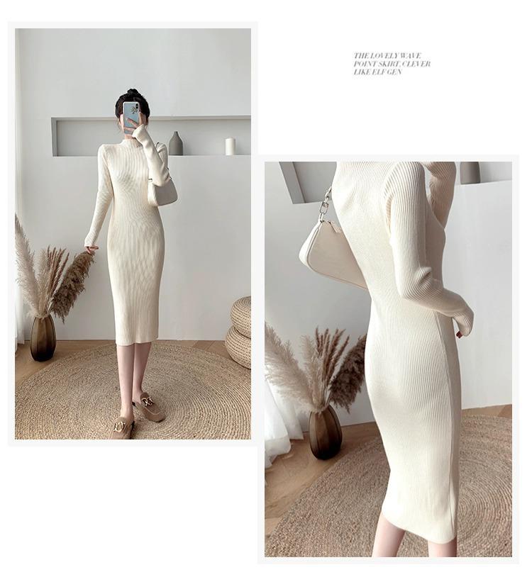 2024 Autumn/Winter Mid-Length Wool Coat with Semi-High Collar Knitted Dress - Women's Black Base Layer