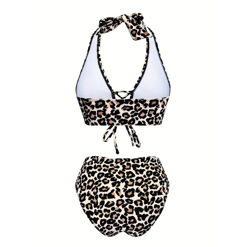 Women's V Neck Sleeveless Leopard Print Bikini Set Sexy Push-Up 2 Piece Set Animal Print Swimwear