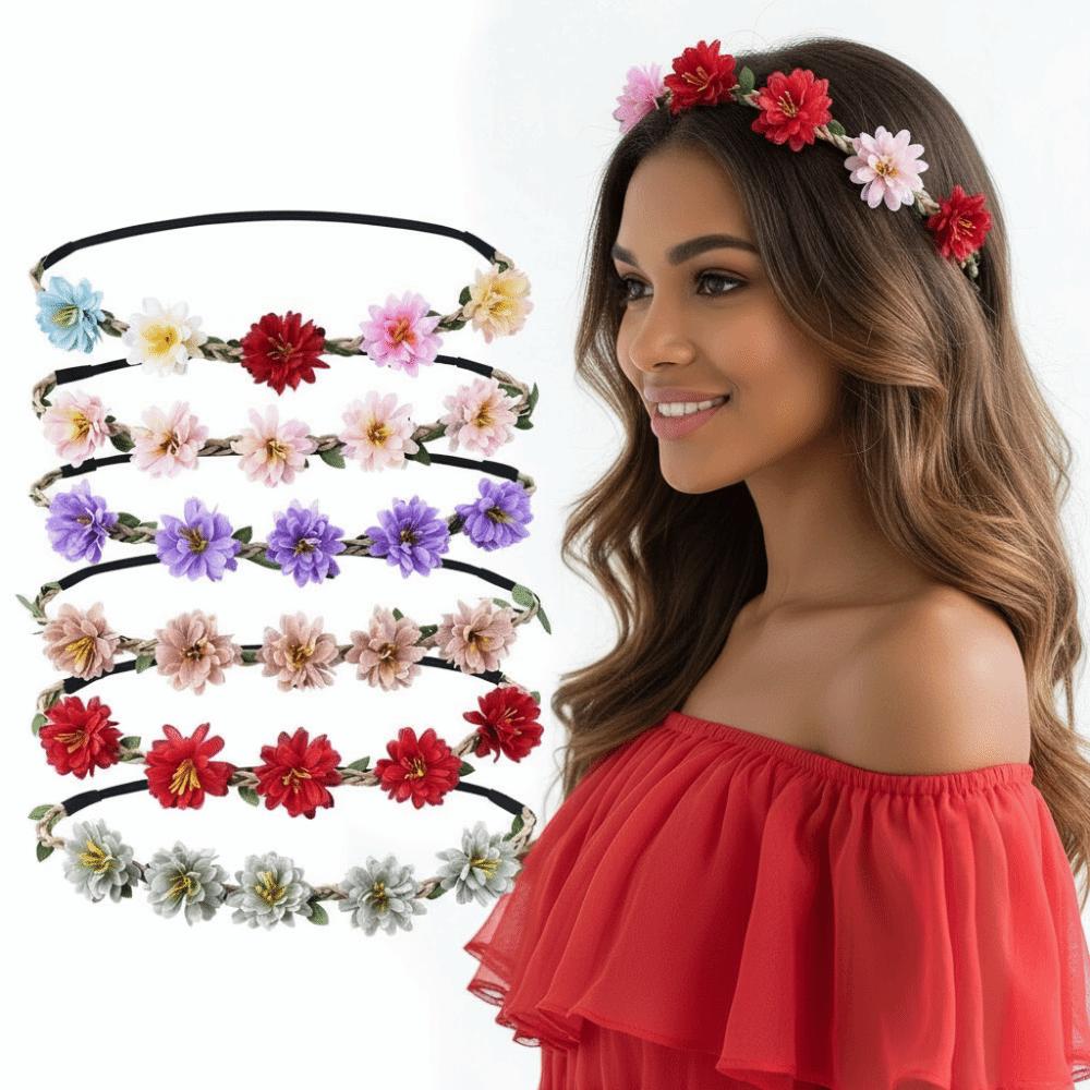 Adjustable Ribbon Floral Wreath Crown Pink Rose Bohemia Garland Headpiece  for Girls Women