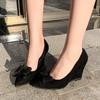 2025 primavera e autunno nuove scarpe singole da donna coreane con fiocco, zeppa con suola spessa, punta, scollate