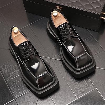 Low Cut Square Toe Patent Leather Shiny Surface Men's Style Thick Sole Lace Up Groom's Wedding Shoes Black Big Head Business Formal Leather Shoes