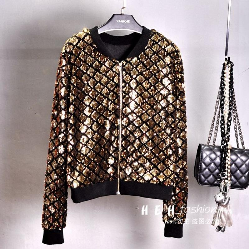 New Sequined Jacket Small Coat Round Neck Long Sleeves Versatile Short Hong Kong Style Chic Top Baseball Uniform for Women