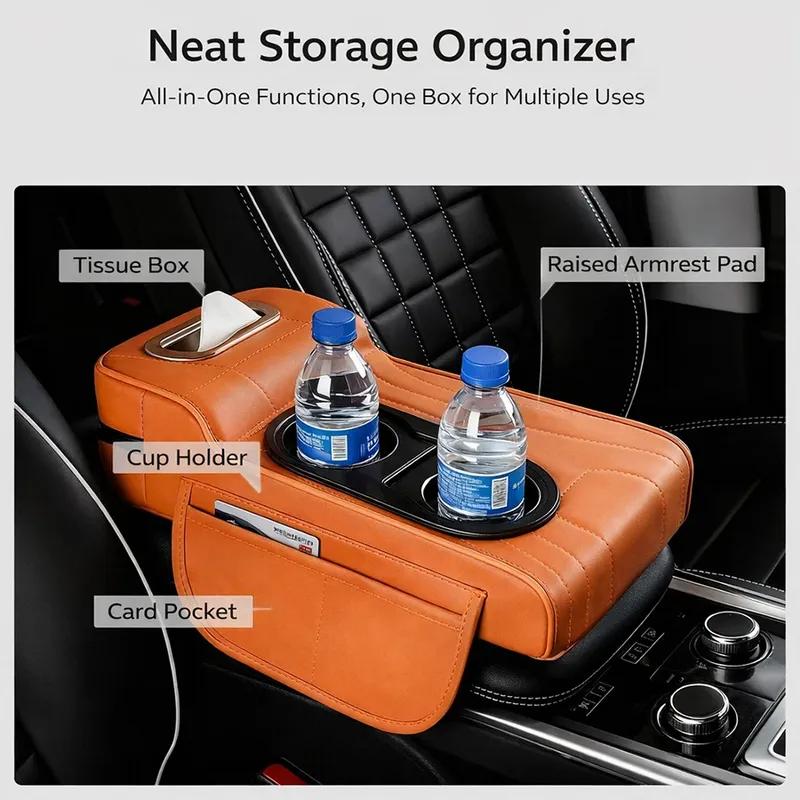 Car Center Console Armrest Box Cushion Pad with Dual Cup Holder Tissue Box Storage Organizer Accessories