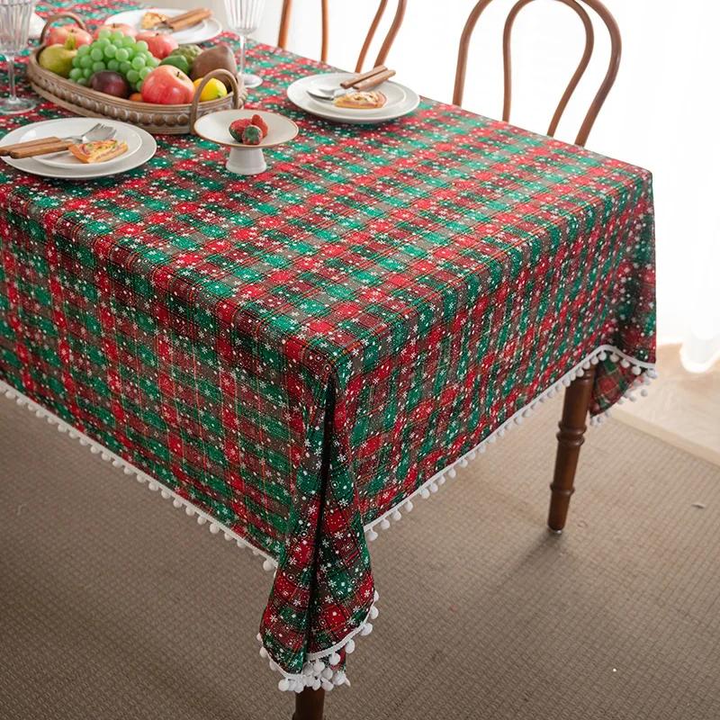 Christmas Tablecloth Green Plaid Snowflake Cotton Linen Rectangular Table Cover New Year Gifts Dining living room Table Decor