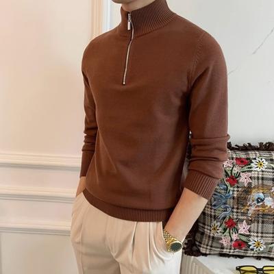 Fall Winter Men Sweater Zippered Half-high Collar Long Sleeves Top Retro Knitted Thick Warm Pure Color