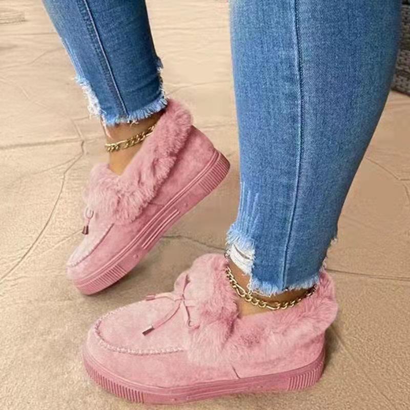 2025 Winter Women's Cotton-Lined Boots with Bow Detail Warm Flat-Soled Oversized Fleece-Lined Boots Women's Snow Boots