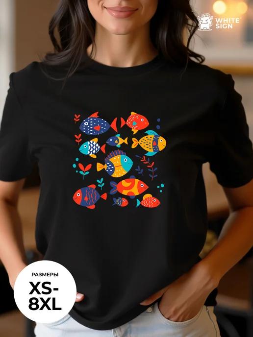 Loose-fit cotton summer T-shirt with Carefree Fish print 2XL