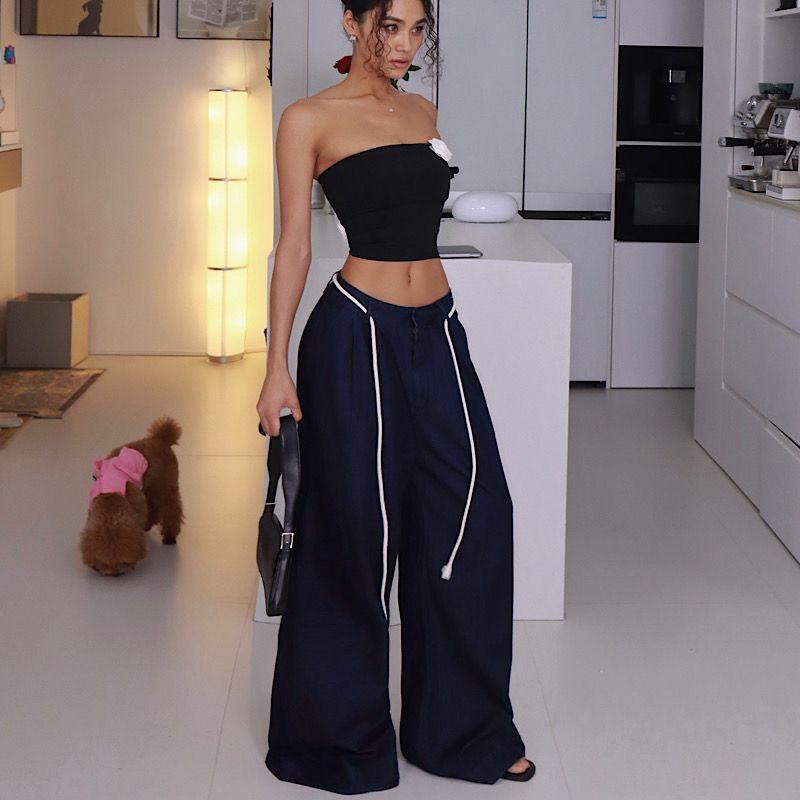 Akiyo Studio Western Style Gyaru Retro Wide Leg Contrast Color Ribbon Jeans Slimming Trousers Foot Covering Lace