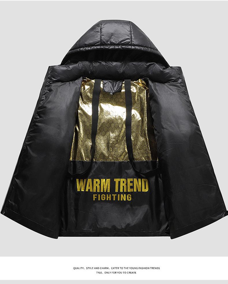 Men's High-End Black and Gold Cotton Hooded Winter Jacket – Warm, Thick, Windproof, Cold-Resistant Outerwear