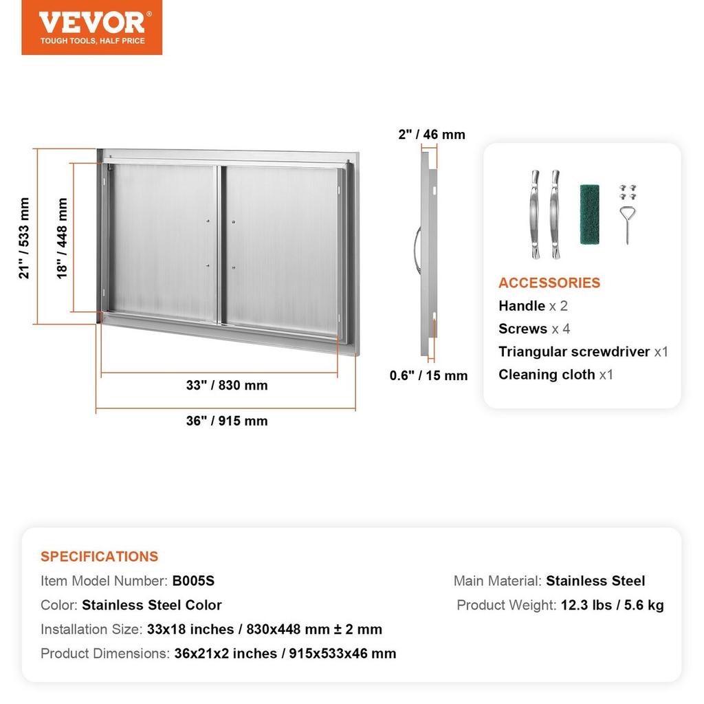 BBQ Access Door, 915x533 Mm Double Outdoor Kitchen Door, Stainless Steel Flush Mount Door, Wall Vertical Door with Handles, for BBQ Island, Grilling
