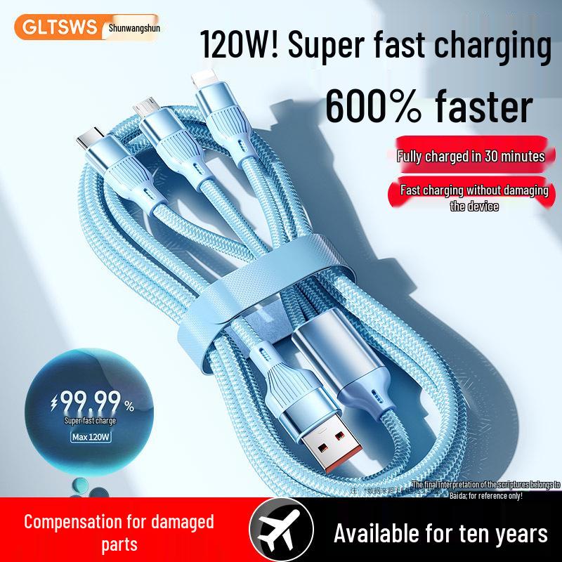 120W Fast Charging 3-in-1 Cable: Compatible with Apple, Huawei Blue - Single Cable