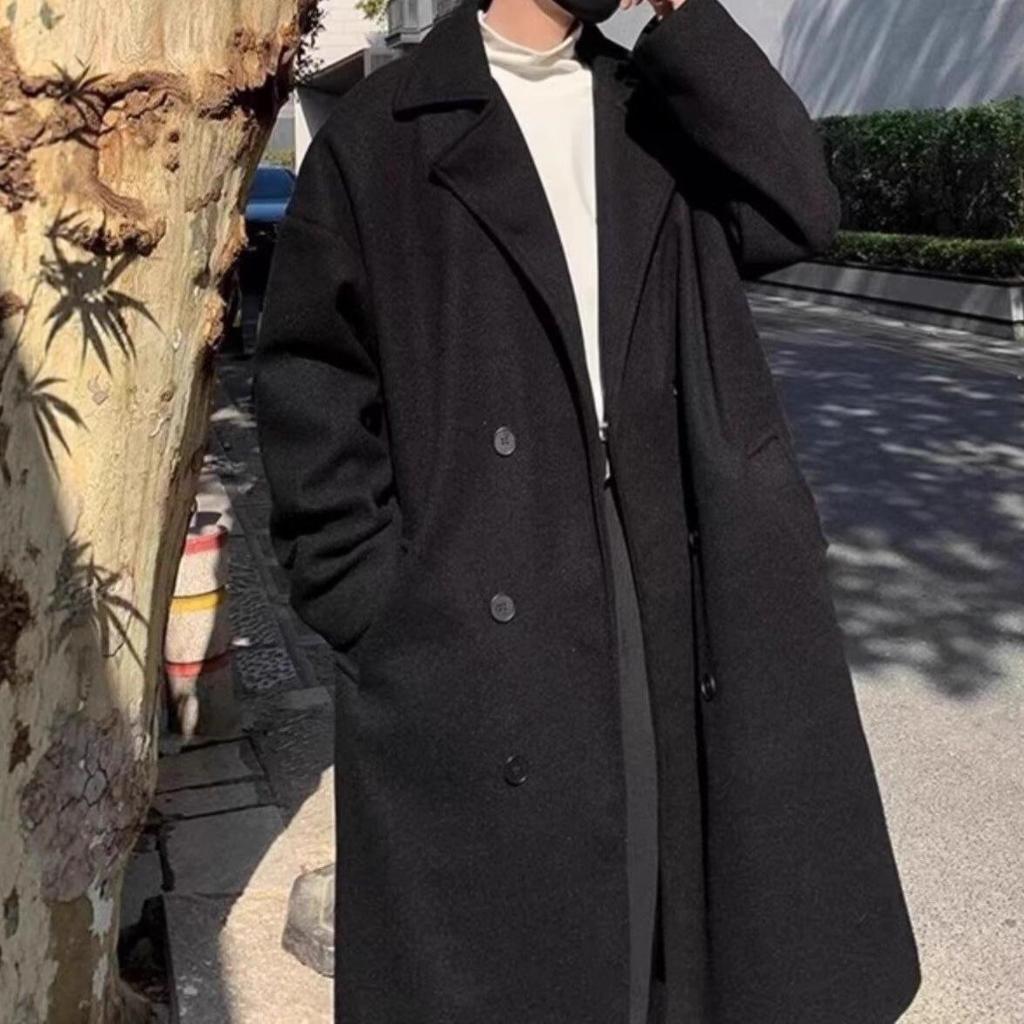 British Style Men's Mid-Length Double-Breasted Woolen Coat with Lapel – Winter Over-the-Knee Thick Outerwear.