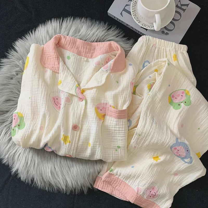 "Dámské bavlněné pyžamo s třešňovým medvídkem - Jaro/Podzim, Dlouhý rukáv, Roztomilý kreslený svršek"