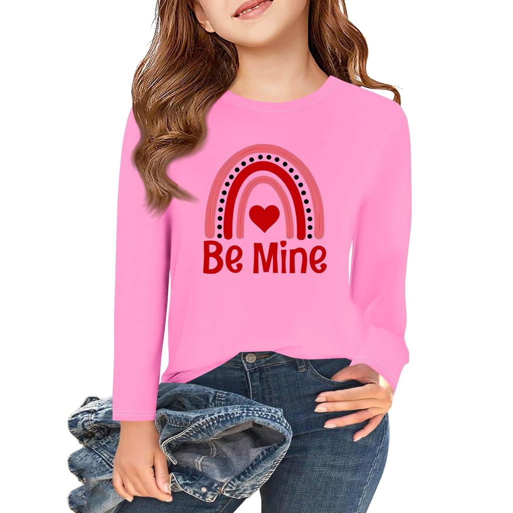 Dziewczęce koszulki z długim rękawem Love na Walentynki, dziecięce jesienne topy, basicowe koszulki z okrągłym dekoltem 5-14L