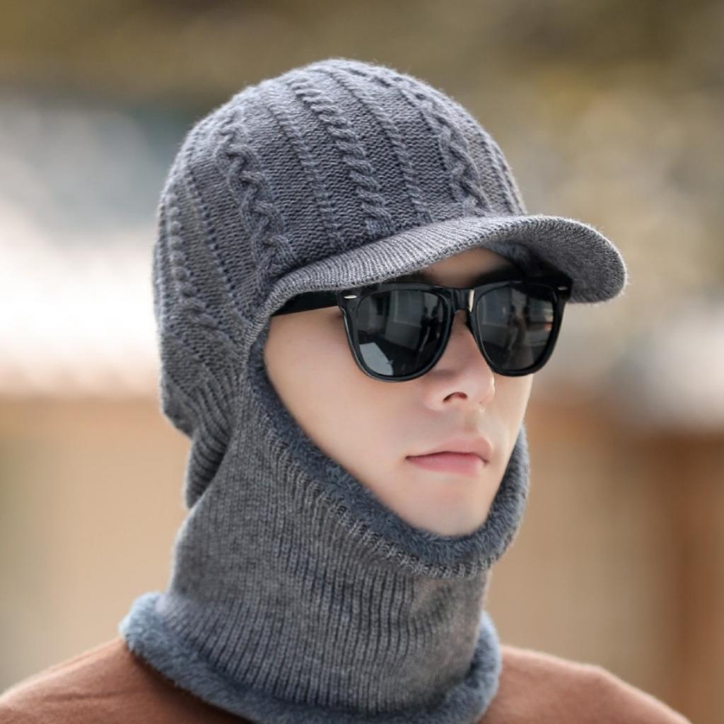 Men's Knitted Hat Autumn and Winter Outdoor Cycling Scarf Suit Cold Proof Woolen Hat Plus Velvet Warm Cold Hat for Men