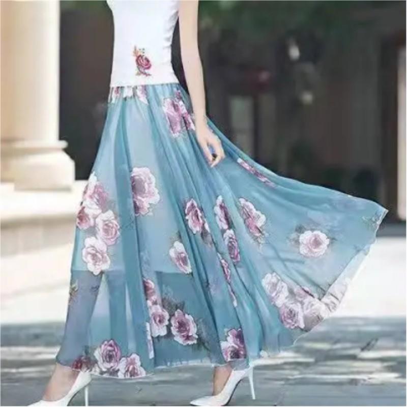 Damen Sommer Blumen Chiffon Bustier Plissee Hohe Taille Strandrock Halblanger Rock