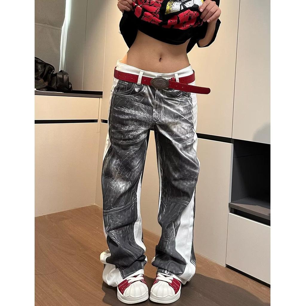 American high street D-printed lightning crack jeans men's and women's niche retro loose wide-leg design trendy cool trousers