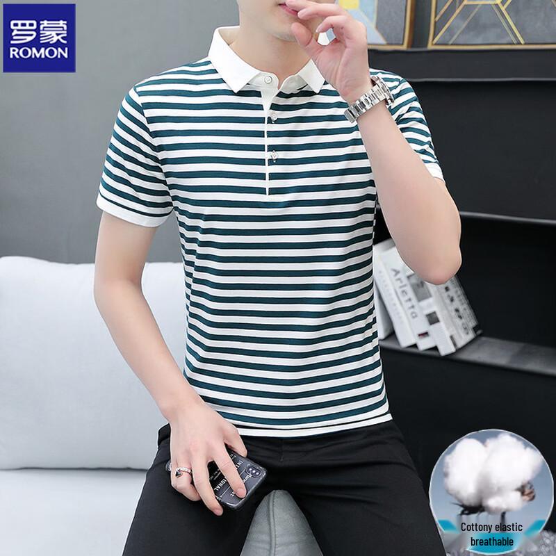 ROMON Men's Striped Short Sleeve Polo Shirt