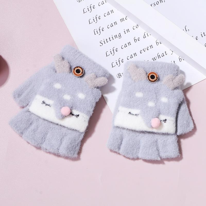 Winter knitted flip half-finger gloves jacquard deer imitation mink cover gloves baby warm back cover gloves