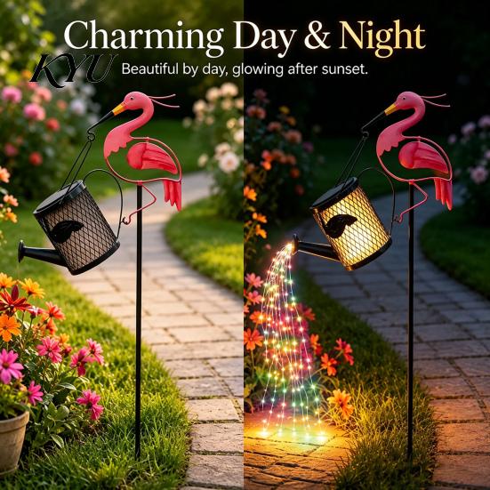 Outdoor Waterproof Metal Yard Decor Solar Flamingo Watering Can Light, Powered LED Garden Fairy Tale Patio Ornament Pathway Light with Stake for Lawn