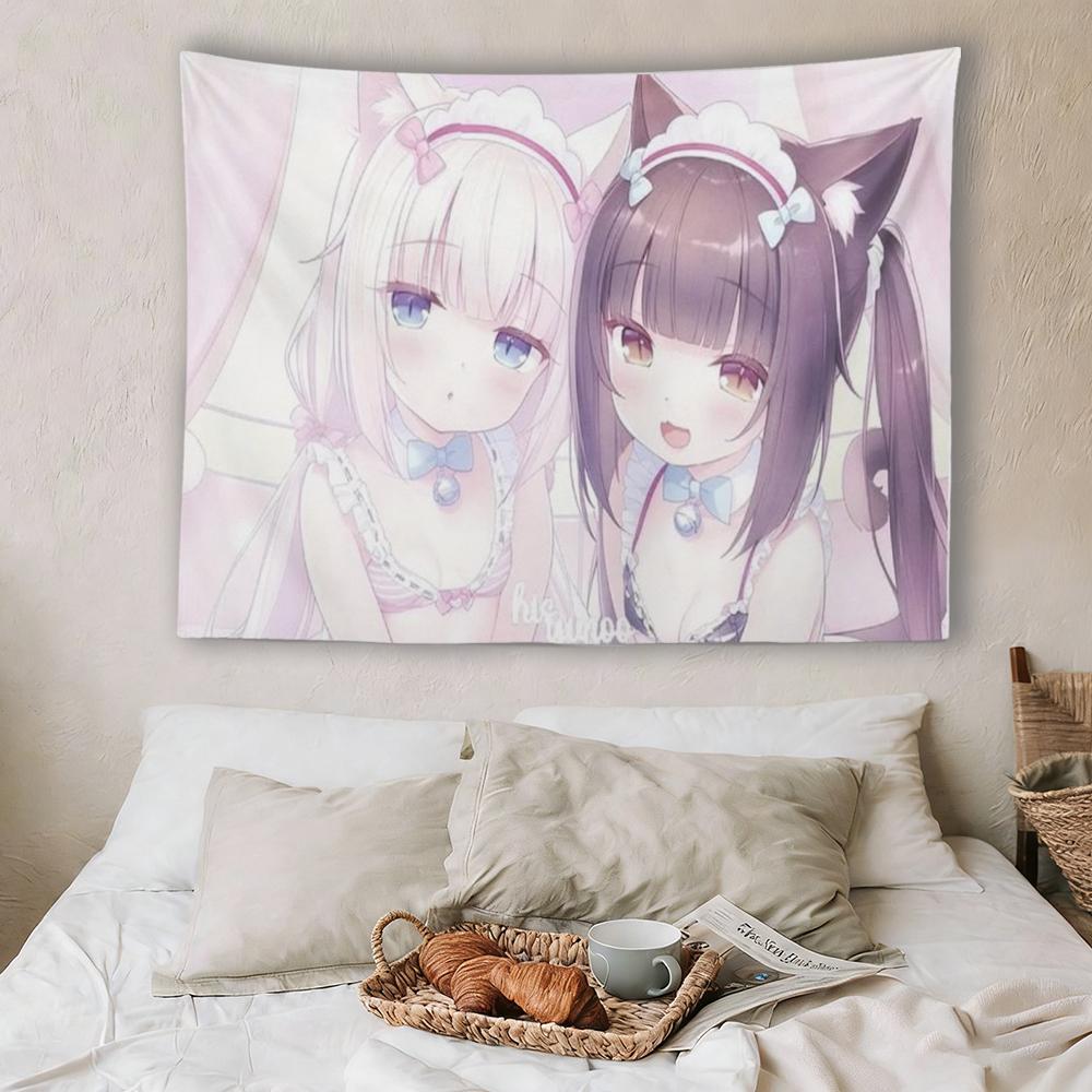 Nekopara Chocola & Vanilla Tapestry, Kawaii Catgirl Maid Wall Hanging, Pastel Pink Anime Decor for Bedroom Dorm Gaming Room 100X70CM