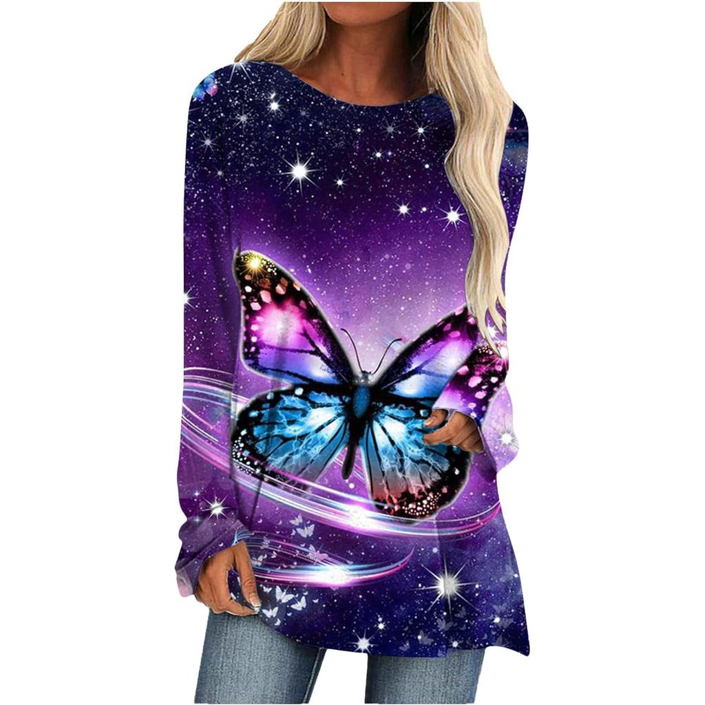 Spring and Autumn Round Neck 3D Butterfly Pattern Printed Top Fashionable Casual Long Sleeved Women's T-shirts