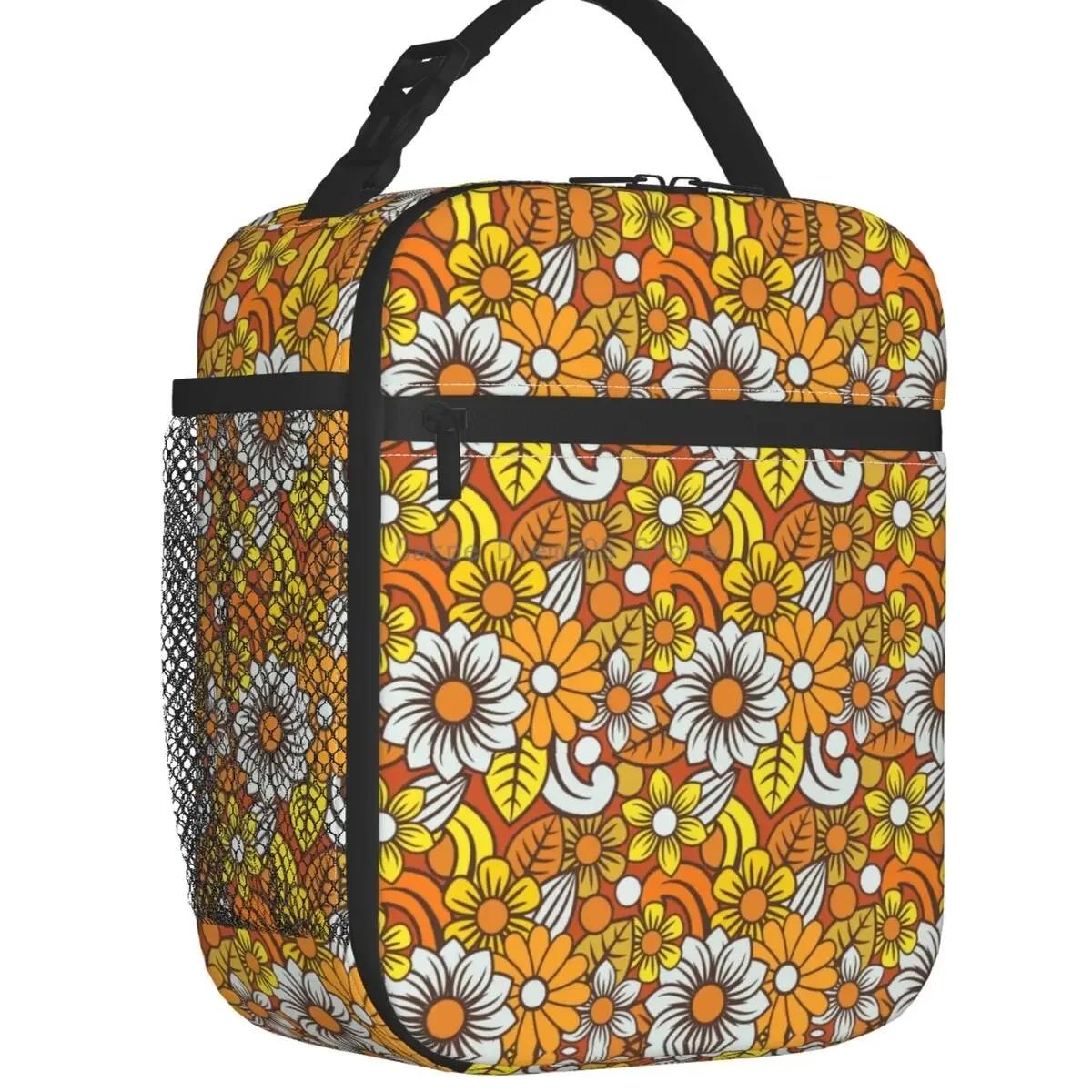 Retro 70s Orange Flower Pattern Insulated Lunch Tote Bag Mid Century Modern Bohemian Portable Cooler Thermal Bento Box Camping One Size