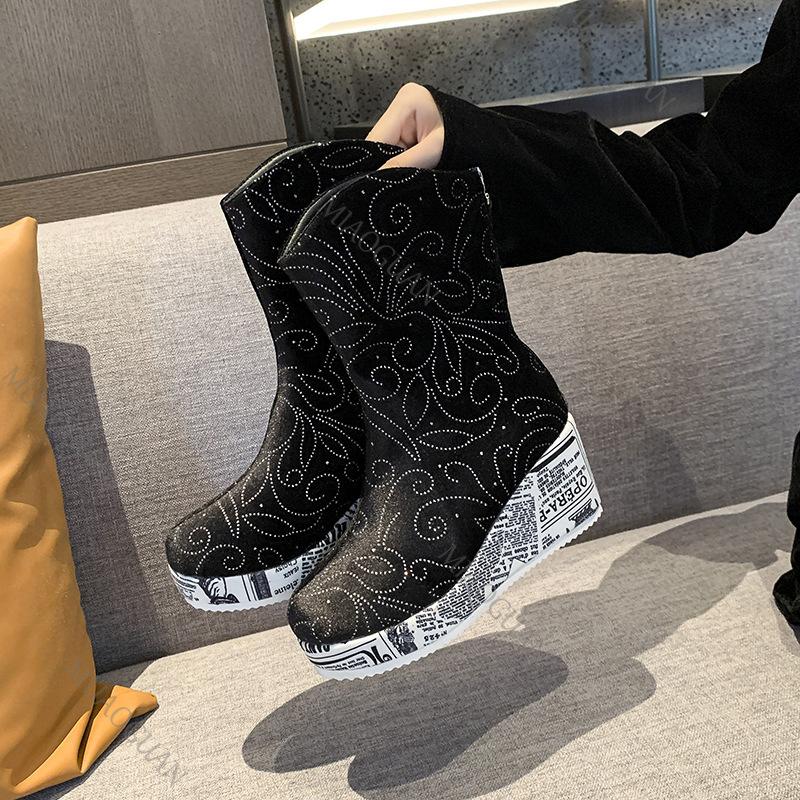 Fashion Printed Mid Calf Boots Women 2025 Autumn Platform Wedge High Heel Booties Fashion Women's Shoes Rhinestone Round Toe Short Botas