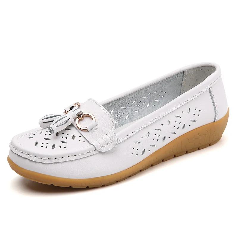 Summer Leather Women's Shoes Moccasins Platform Soft Boat Fashion Cutout Flats Casual Low Heel Nurse Lolita Shoes