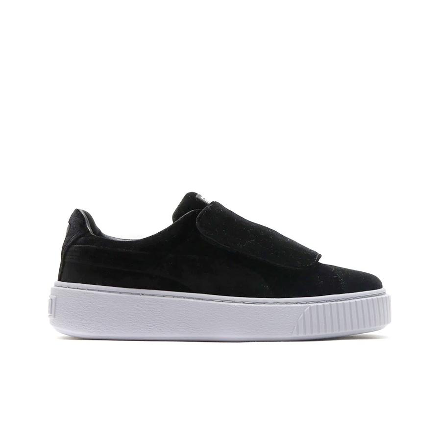 Puma Basket Platform Strap Samtseil - Schwarze Damen Sneaker Weiß 364068-01