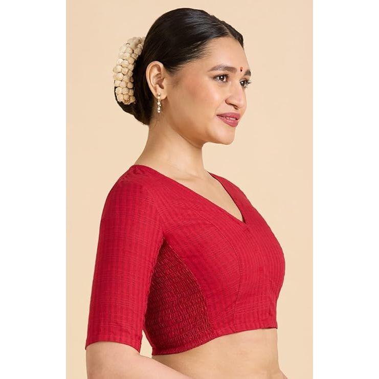 Blouse Saree à Carreaux Madras Manches Courtes en Coton pour Femme avec Côtés Extensibles