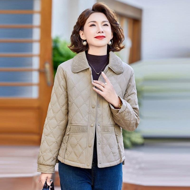 

Хлопковая одежда для середины зимы, легкие куртки с коротким лацканом для женщин среднего и пожилого возраста, ветрозащитные и теплые повседневные куртки 5XL [recommended 150-80kg] хаки